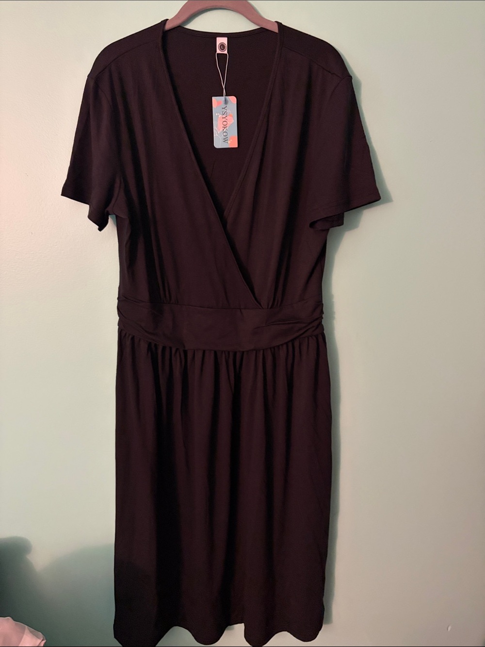 Women’s Black Faux-Wrap Midi Dress with Defined Waist